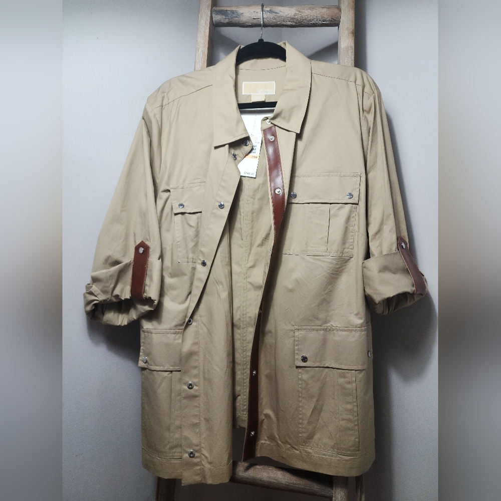Rare Find: Micheal Kors NWT button down khaki shirt with faux leather de…